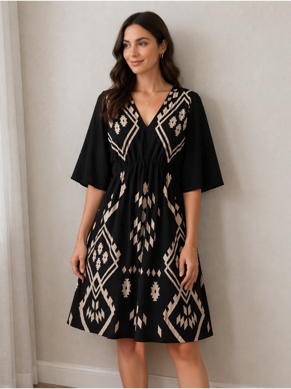 Reba Black Midi Dress with Cream Geometric Embroidery